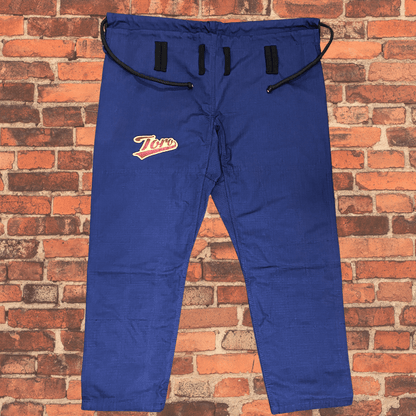Navy Blue BJJ Gi pants with Toro logo patch, Toro BJJ Coyote Gi lightweight 380gsm with brown stitching