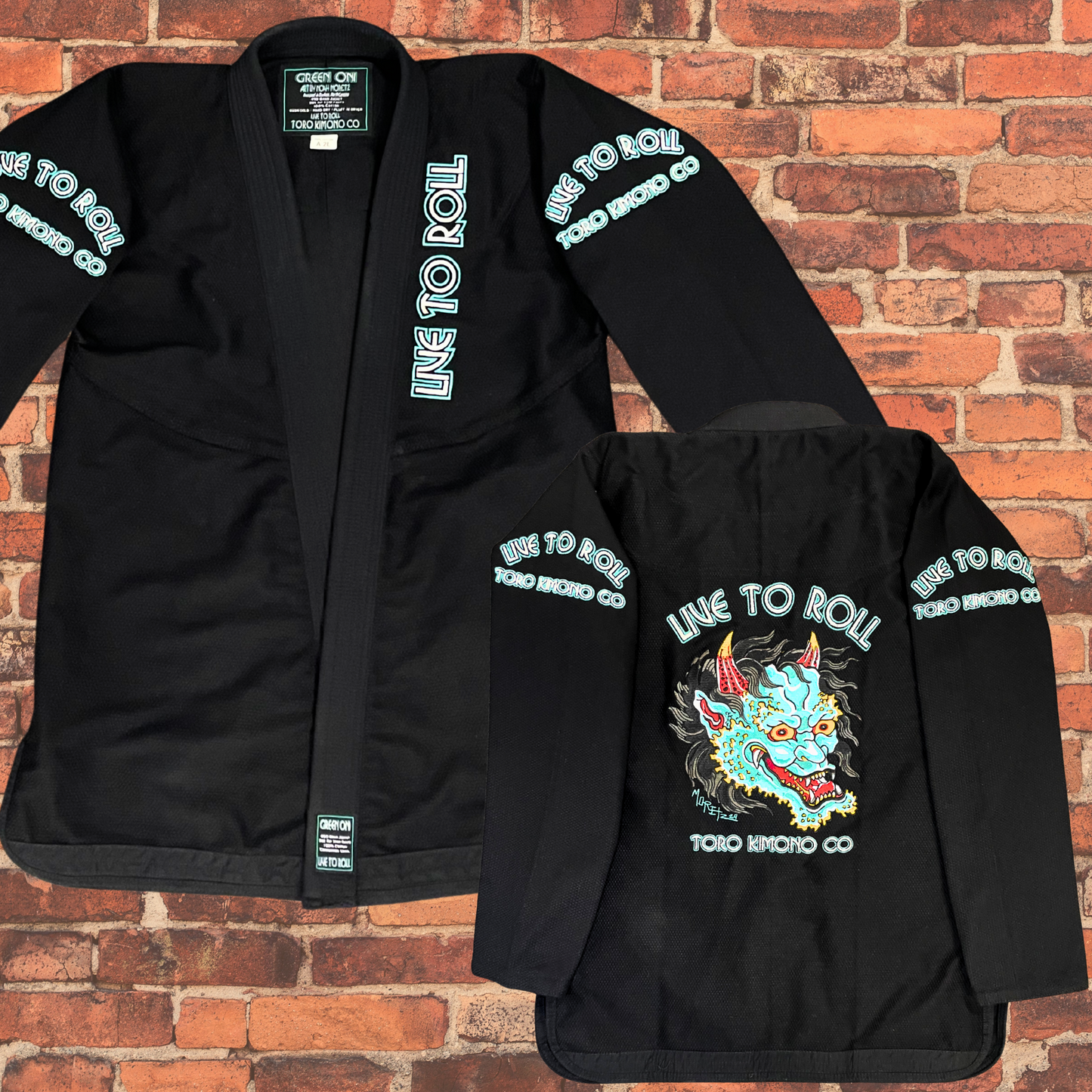 Green Oni BJJ Gi jacket front and back view with Oni embroidery, IBJJF approved
