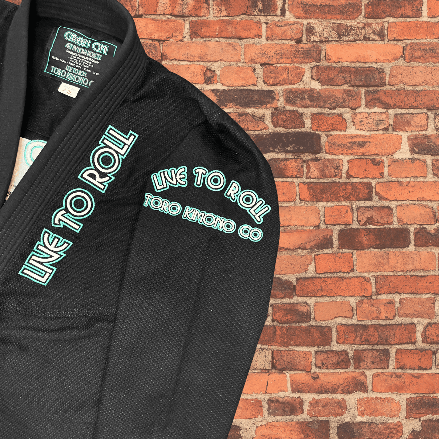 Oni_2_Green Oni BJJ Gi shoulder embroidery with Live to Roll text, IBJJF approved2_1