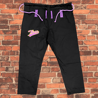 Black BJJ Gi pants with purple drawstring and Toro gold and purple logo, IBJJF approved Purple & Gold Gi