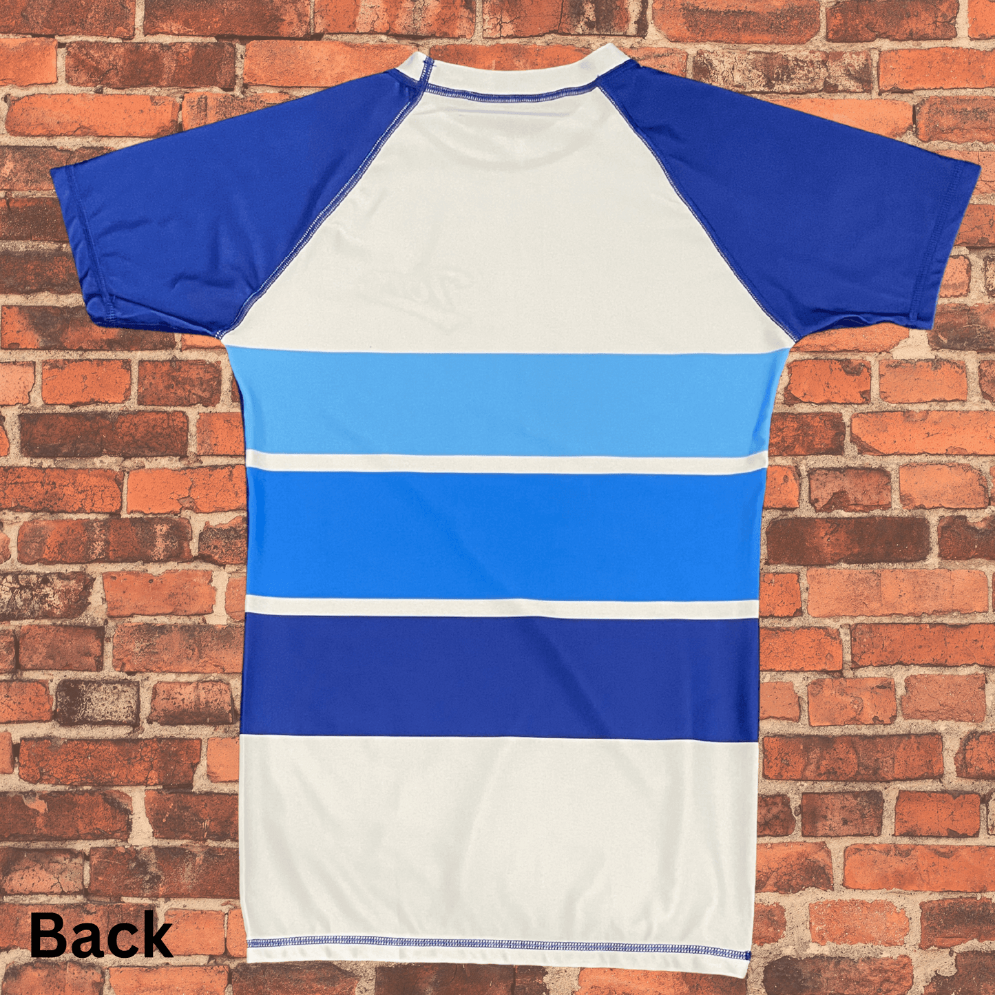 Back of Toro BJJ Sand Shark Rash Guard featuring ocean-inspired blue stripes and short sleeves.