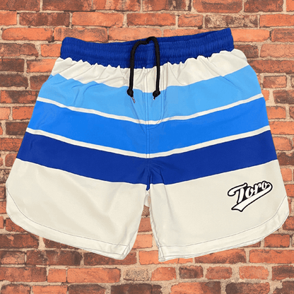 Toro BJJ Sand Shark Super Shorts featuring blue gradient stripes, black drawstring, and Toro logo on left leg.