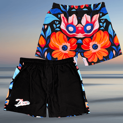 Front and back views of Toro BJJ Tiki Tahiti Super Shorts featuring bold floral patterns, black base with colorful red, blue, and orange tropical accents, and Toro logo on the front leg.