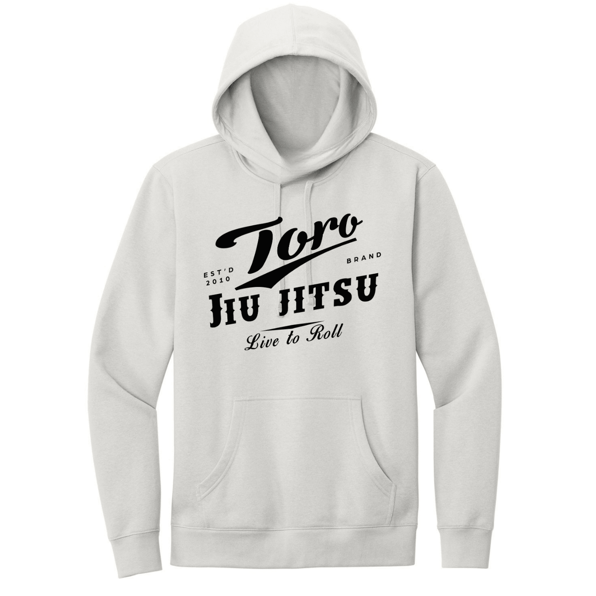 Toro BJJ White Smoke Hoodie with black Jiu Jitsu and Live to Roll front graphic