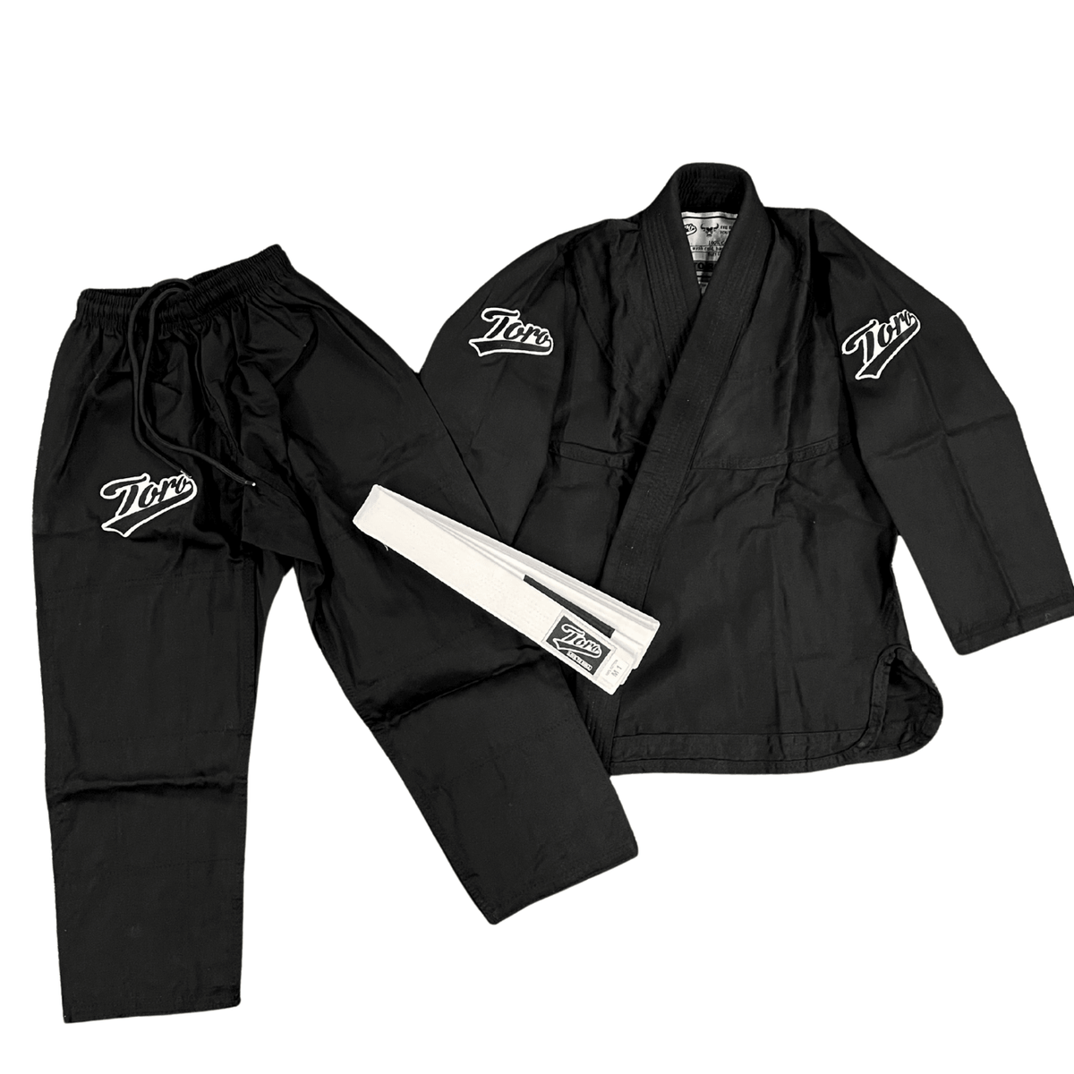Toro Black Bull Ultra Light Youth BJJ Gi in black with pants and white belt