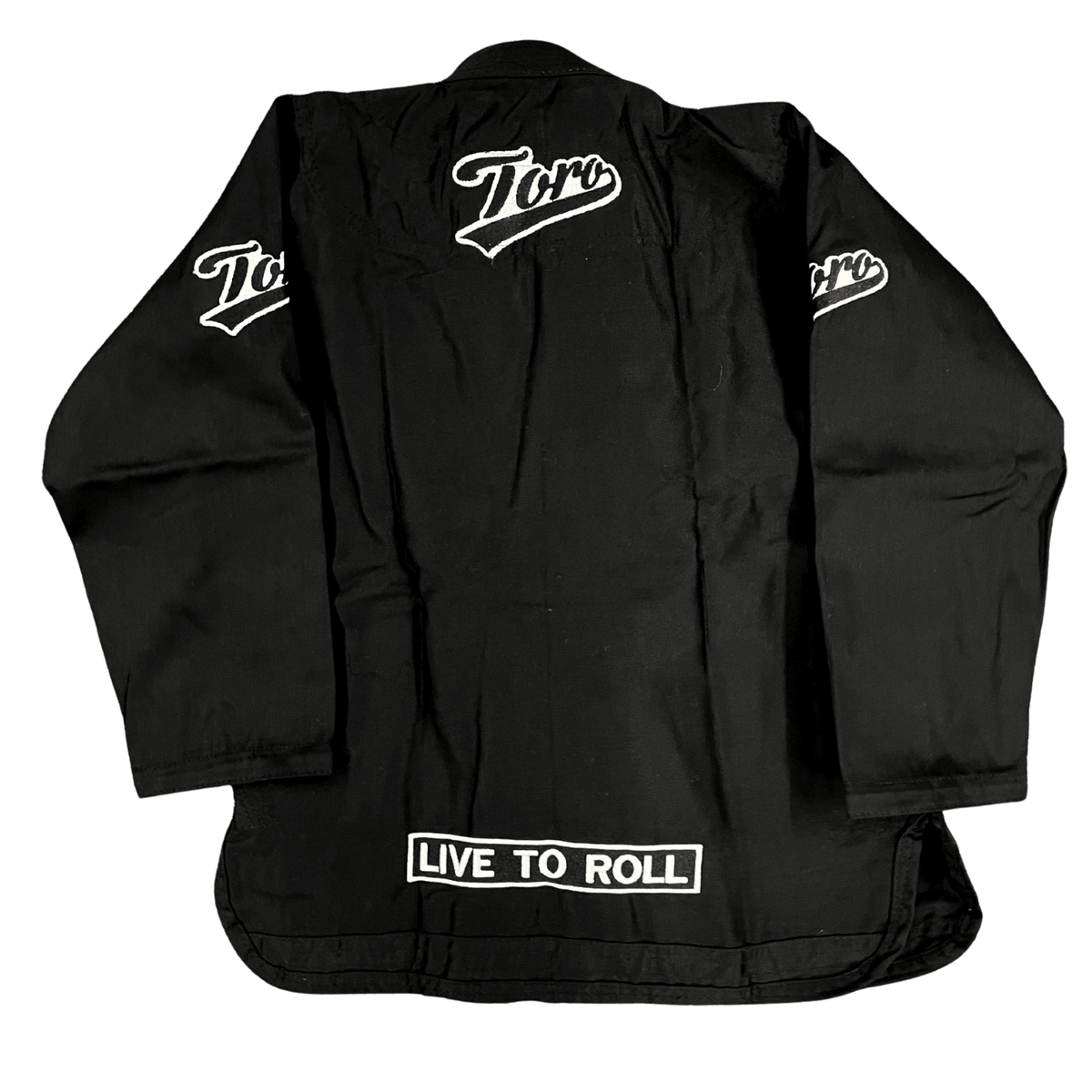 Back of Toro Black Bull Youth BJJ Gi with Toro and Live to Roll embroidery
