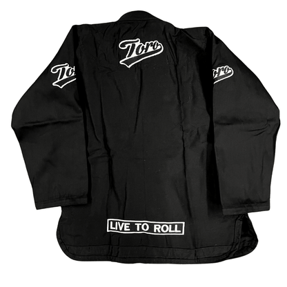 Back of Toro Black Bull Youth BJJ Gi with Toro and Live to Roll embroidery