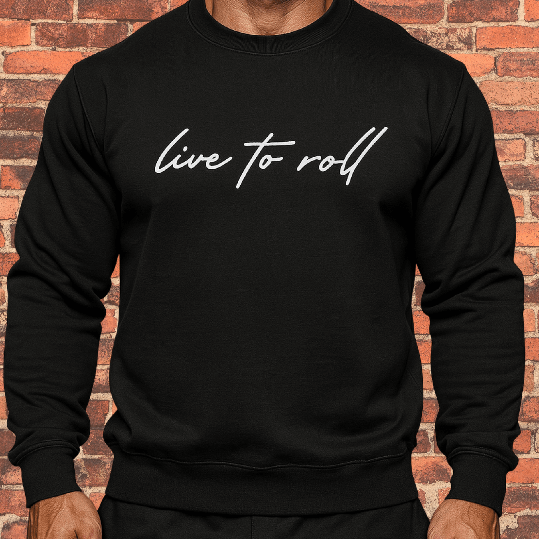 Model wearing Toro “Live To Roll” Crew Neck Sweatshirt black with white script logo