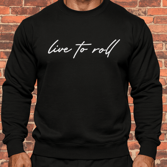 Model wearing Toro “Live To Roll” Crew Neck Sweatshirt black with white script logo