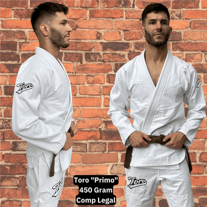 Two views of a male athlete wearing the Toro Primo White BJJ Gi with a brown belt, front and side stance, against a brick wall background, with text highlighting it as 450 gram and competition legal.