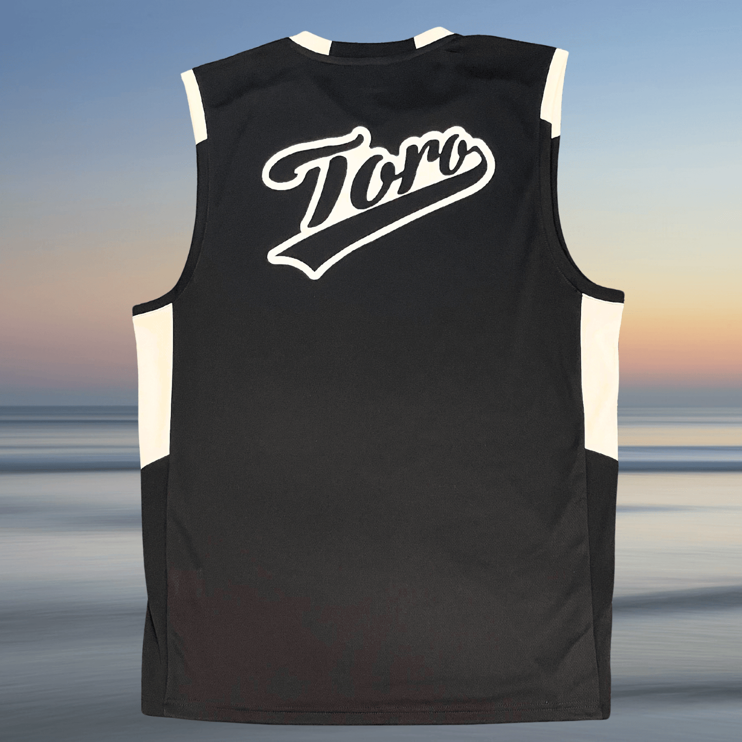 Back of Toro Recycled Jersey laid flat, featuring bold Toro logo across upper back and white paneling