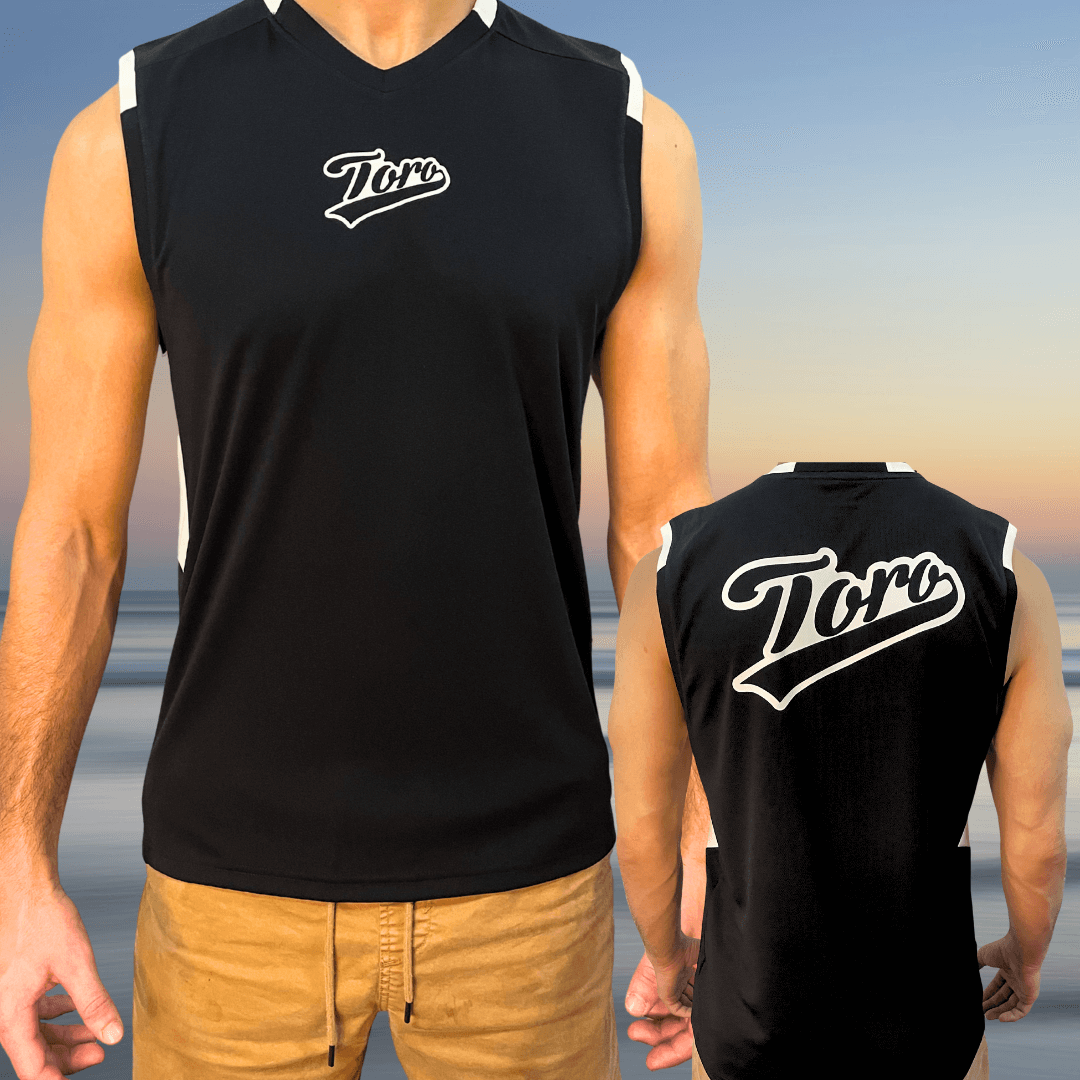 Toro Recycled Jersey displayed on a model with both front and back views, sleeveless black shirt with white accents