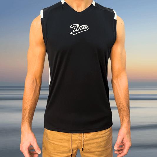 Man wearing the Toro Recycled Jersey front-facing, showing sleeveless black design with white Toro logo on chest