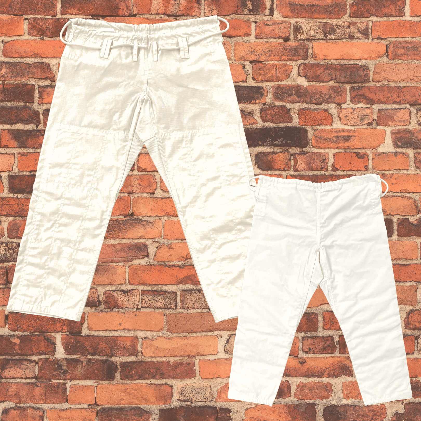 Comparison image showing front and back views of white Toro BJJ gi pants against a red brick wall, highlighting reinforced knees, drawstring waistband, and belt loops.