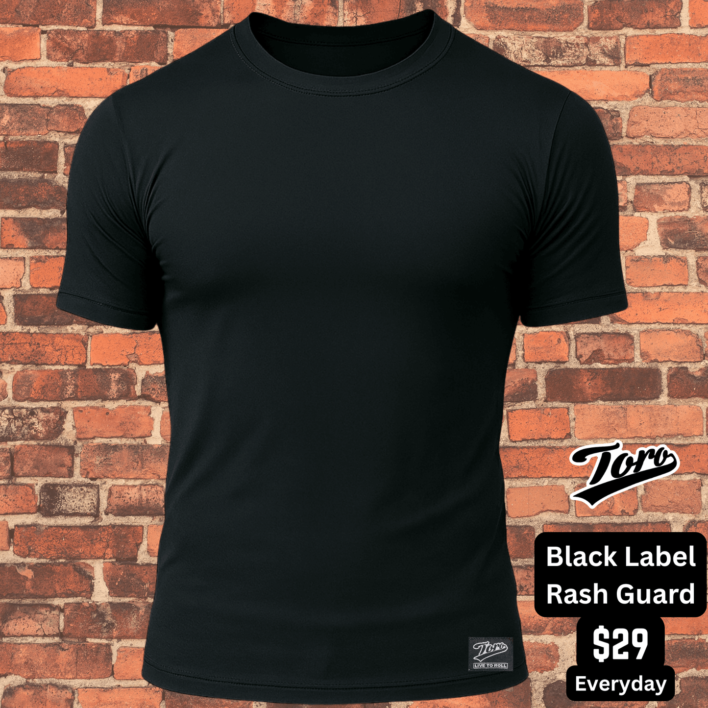 All-black Toro BJJ short sleeve rash guard against brick wall background, Black Label NoGi training top.