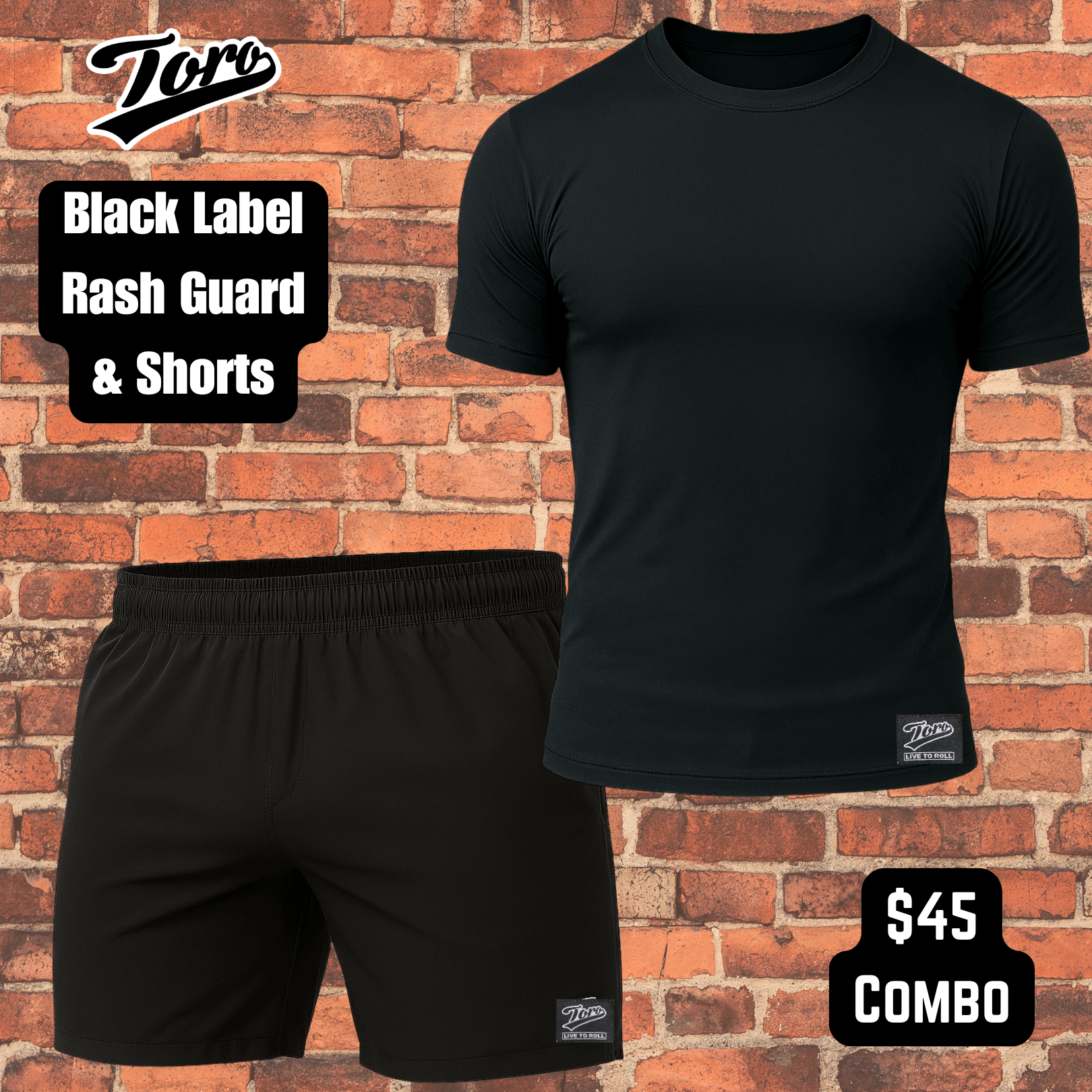 All black Toro BJJ short sleeve rash guard and shorts combo against brick wall background, $45 Black Label NoGi set.