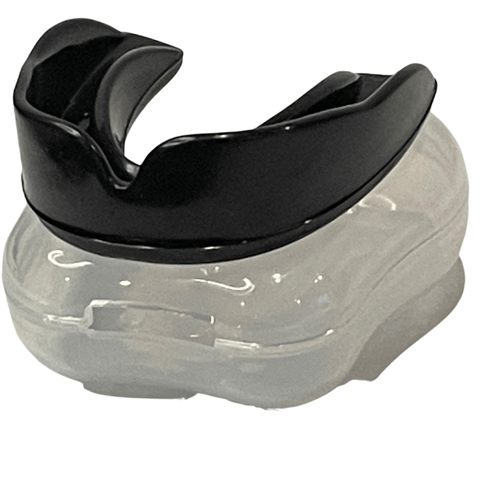 Black boil and bite mouth guard displayed on clear case