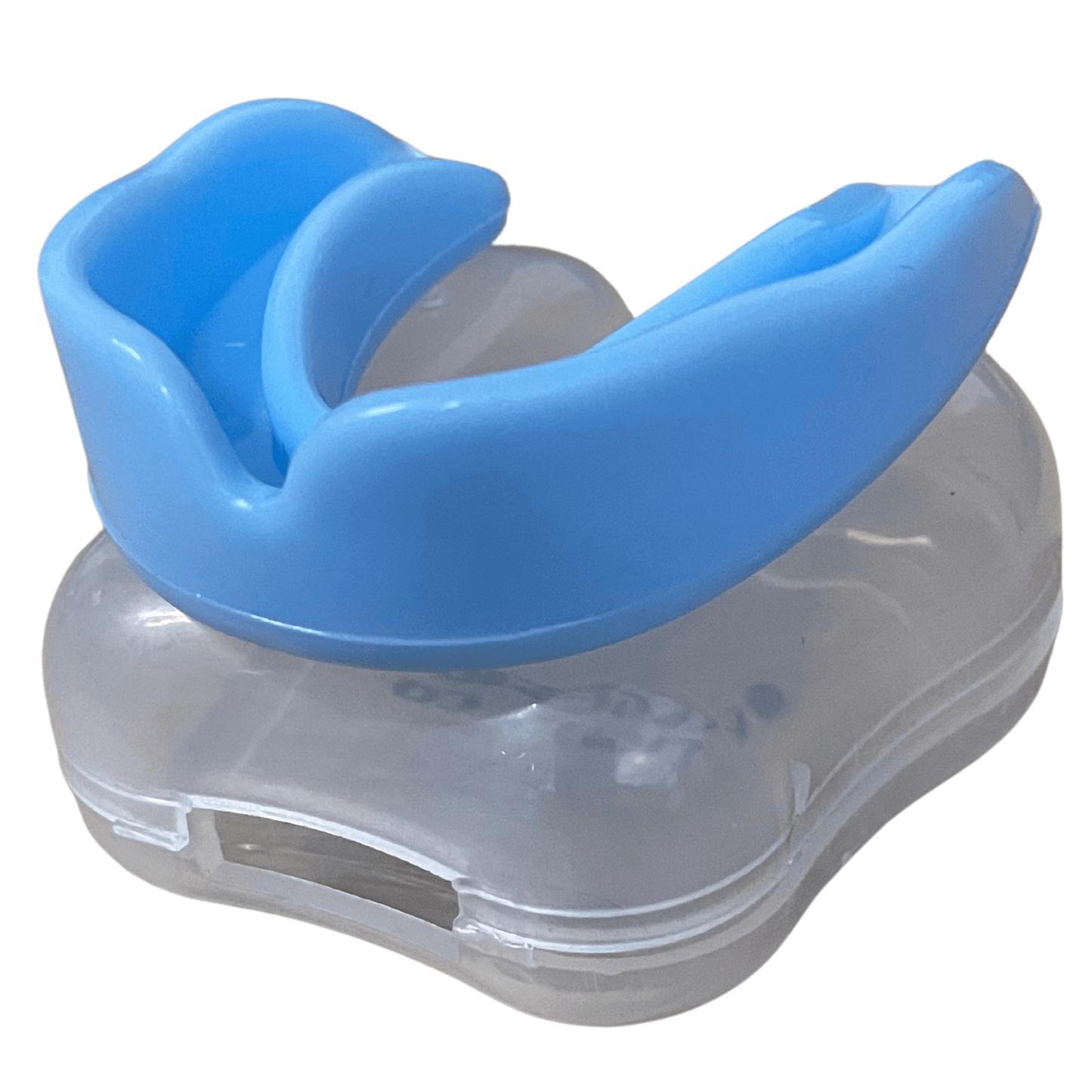 Light blue boil and bite mouth guard with clear storage case