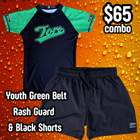 Youth Green Belt Short Sleeve Rash Guard & Shorts Combo