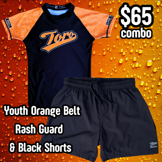 Youth Orange Belt Short Sleeve Rash Guard & Shorts Combo